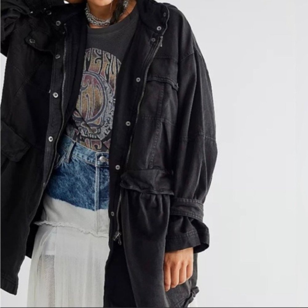 Free People Black Washed Nocturne Parka Cotton Hooded Utility Jacket Medium NWOT